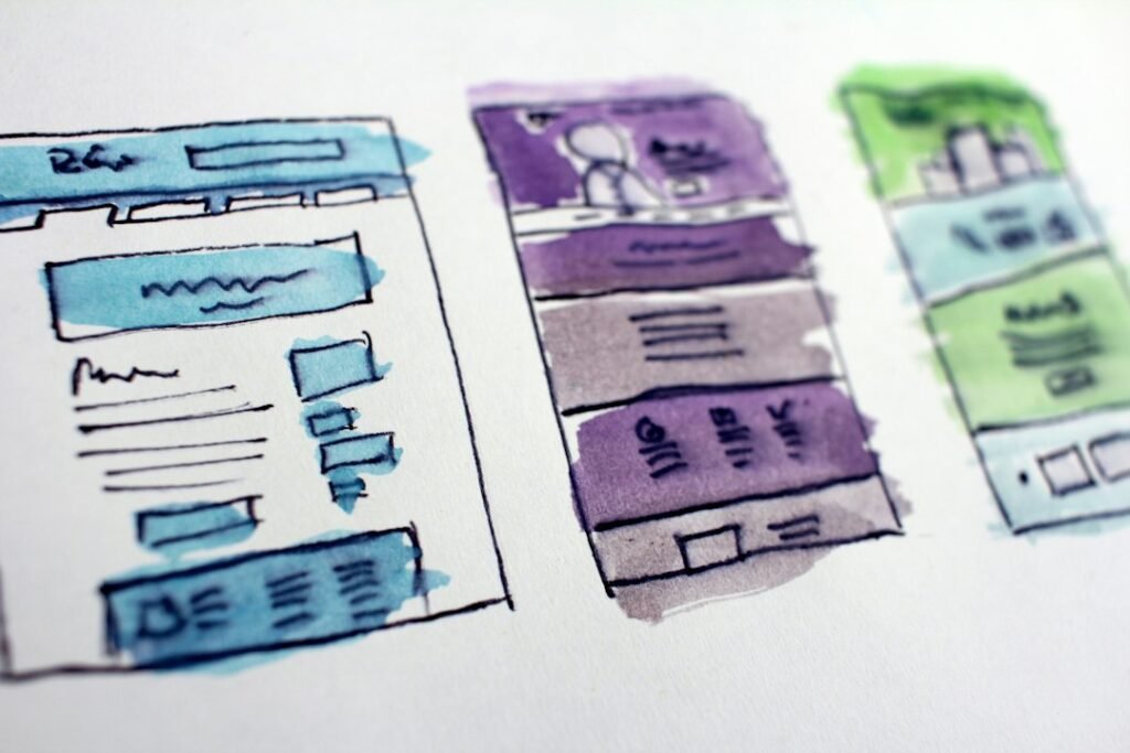Sketches of different website page layouts